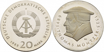 ГДР 20 марок 1989 А, 500 лет со дня рождения Томаса Мюнцера, тираж 3090 экземпляров., с сертификатом KM 127 серебро PROOF 00-802-54