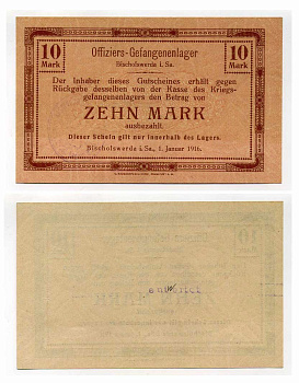 Германия 10 марок 1916 Бишофсверда в Саксонии, лагерь военнопленных офицеров и тюрьмы, в нагрузку C-2758 бумага UNC (пресс) 504-70-2-1