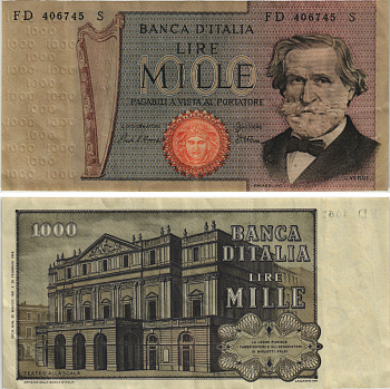 Италия 1000 лир 1975 Джузеппе Верди, Милан Ла Скала Pick 101h бумага 8564-21-1-1