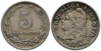 Аргентина 5 сентаво 1921 голова свободы влево KM 34 медно-никель 4528-225