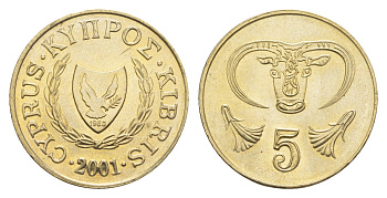 Кипр 5 центов 2001 KM 55.3 никель латунь UNC 4652-855