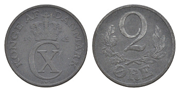 Дания 2 эре 1942 N, Кристиан X (1912-1947) KM 833a цинк 4639-811