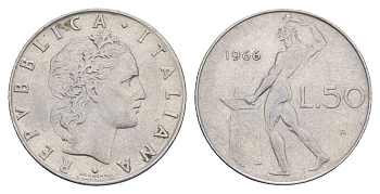 Италия 50 лир 1966 R, бог огня Вулкан у наковальни KM 95.1 нержавеющая сталь 4551-1016