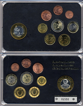 Мальта евронабор от 1 евроцента до 2 евро включает 1 евро 2003 проба Ибан Парисот Валетский, планшет биметалл, медно-никель UNC 3-4-9-28