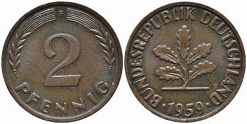 ФРГ 2 ПФЕННИГА 1959 F KM 106, J. 381 бронза 112-143