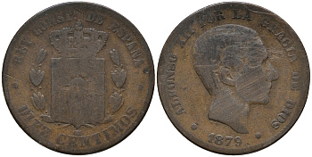 ИСПАНИЯ 10 СЕНТИМО 1879 OM, АЛЬФОНСО XII (1874-1885) KM 675 (Y70) бронза 32-636