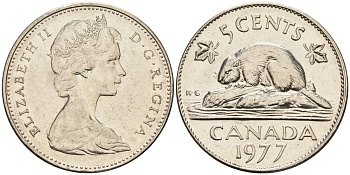 Канада 5 центов 1977 Елизавета II (1952-2022), бобр KM 60.1 никель  4148-1231