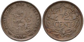 Нидерланды 1/2 цента 1938 Вильгельмина (1890-1948) KM 138 бронза 4588-962
