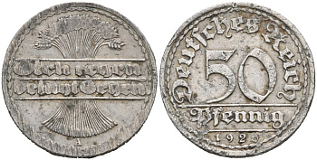 Германия 50 пфеннигов 1920 А KM 27, J. 301, Weege 10 алюминий 92-317