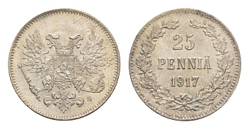 Россия для Финляндии 25 пенни 1917 S, временное правительство (03.1917-10.1917), без короны Биткин GSF2 серебро UNC 4658-861