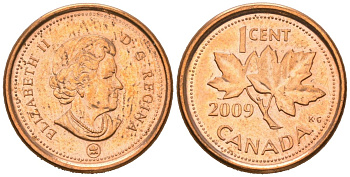 Канада 1 цент 2009 Leaf, Елизавета II (1952-2022), кленовый лист KM 490a сталь плакированный медью UNC 4385-658