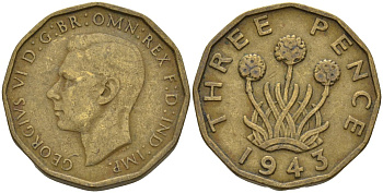 Великобритания 3 пенса 1943 Георг VI (1936-1952) KM 849, Spink 4112 никель латунь 4146-326