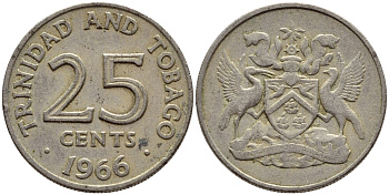 Тринидад и Тобаго 25 центов 1966 герб KM 4 медно-никель 4396-646