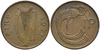 Ирландия 1 пенни 1971 птица KM 20 бронза 4164-459