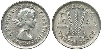 Австралия 3 пенса 1963 m, Елизавета II (1952-2022) KM 57 серебро 71-855
