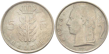 БЕЛЬГИЯ 5 ФРАНКОВ 1975 BELGIQUE, БОДУЭН I (1951-1993) KM 134.1 медно-никель 213-617