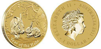 Австралия 1 доллар 2011 серия лунный календарь, год кролика KM 1661 алюминиевая бронза UNC M40-06