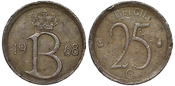 Бельгия 25 сантимов 1968 Belgie, Бодуэн I (1951-1993) KM 154.1 медно-никель 4124-539