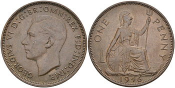 Великобритания 1 пенни 1946 Георг VI (1936-1952) KM 845, Spink 4114 бронза 4117-614