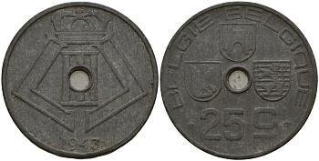 Бельгия 25 сантимов 1943 Belgie - Belgique, Леопольд III (1934-1947), германская оккупация, Вторая мировая война KM 132 цинк 4157-544