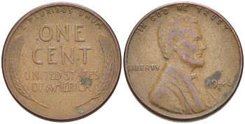 США 1 ЦЕНТ 1946 D, ЛИНКОЛЬН KM А132 медь цинк 3309-536