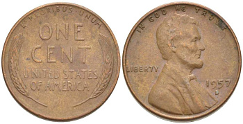 США 1 ЦЕНТ 1957 D, ЛИНКОЛЬН KM А132 медь цинк 218-717