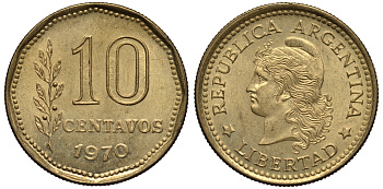 Аргентина 10 сентаво 1970 голова свободы влево KM 66 алюминиевая бронза XF-UNC 4181-217