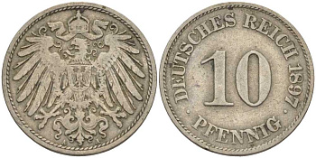 Германия 10 пфеннигов 1897 A KM 12, J. 13 медно-никель 4401-1014