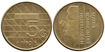 Нидерланды 5 гульденов 1990 Беатрикс (1980-2013) KM 210 никель плакированный бронзой 4385-411