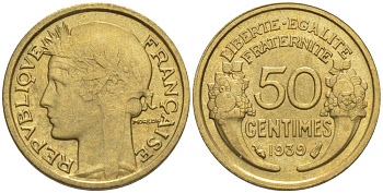 ФРАНЦИЯ 50 САНТИМОВ 1939 ТИП MORLON KM 894.1, LE FRANC 192.15 алюминиевая бронза 44-826