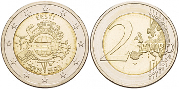 Эстония 2 евро 2012 10 лет монетарной политике и наличному евро KM 70 биметалл UNC 1094-6-45