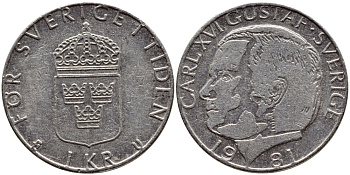 Швеция 1 крона 1981 Карл XVI Густав (1973- ) KM 852 медь плакированная медно-никелем 4397-1024