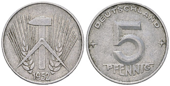 ГДР 5 пфеннигов 1952 A KM 6 алюминий 206-551