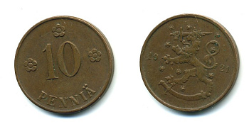 Финляндия 10 пенни 1921 республика (1918-1962) KM 24 медь 46-127