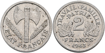 Франция 2 франка 1943 правительство Виши KM 904.1 алюминий 4589-556