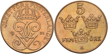 Швеция 5 эре 1931 Густав V (1907-1950) KM 779.2 бронза 4148-233