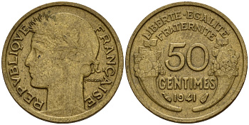 Франция 50 сантимов 1941 тип Морлон KM 894.1, Le Franc 192.15 алюминиевая бронза 4158-712
