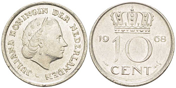 НИДЕРЛАНДЫ 10 ЦЕНТОВ 1968 ЮЛИАНА (1948-1980) KM 182 никель 214-1232
