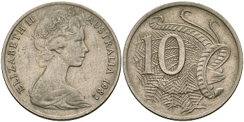 Австралия 10 центов 1982 Елизавета II (1952-), птица лирахвост KM 65 медно-никель 4364-2012