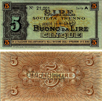 Италия 5 лир компания Trenno Ипподром Сан-Сиро FILigrano, Перфорация AnnuLato (погашено) бумага aUNC 3295-49-1-1