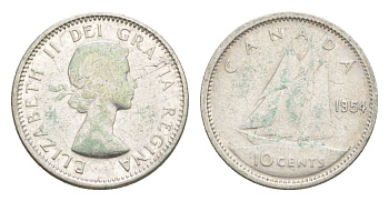 Канада 10 центов 1954 Елизавета II (1952-2022), парусник KM 51 серебро 4639-562