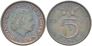 Нидерланды 5 центов 1979 Юлиана (1948-1980) KM 181 бронза 213-1152