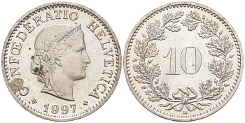 ШВЕЙЦАРИЯ 10 РАППЕНОВ 1997 В KM 27 медно-никель 55-542
