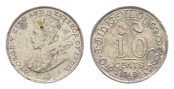 Цейлон 10 центов 1919 B, Георг V (1910-1936) KM 104a серебро  aUNC  1527-1345
