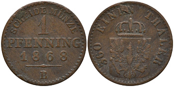 Пруссия 1 пфенниг 1868 В, Вильгельм I (1861-1888) KM 480 медь 4532-629