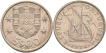 Португалия 5 эскудо 1974 парусник KM 591 медно-никель 4126-622