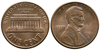 США 1 цент 1989 D, Линкольн KM 201b цинк плакированный медью 176-827