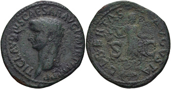 Римская Империя асс 50 - 54 Клавдий TI CLAVDIVS CAESAR AVG P M TR P IMP P P / LIBERTAS AVGVSTA S C Рим Very fine , 9,59 гр RIC 113 медь 1073-1-8-4