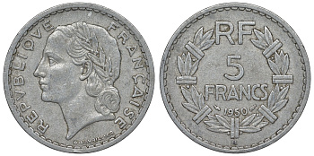 Франция 5 франков 1950 В, closed 9 KM 888b.2, Le Franc 339.21 алюминий 4123-541