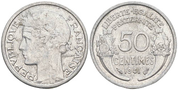 ФРАНЦИЯ 50 САНТИМОВ 1941 ТИП MORLON LOURDE KM 894.1a, LE FRANC 193.2 алюминий 44-168